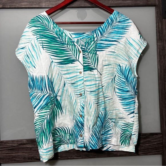 Tahari 100% Linen Boxy Blue and Green Leaf Print Blouse Button Up Back Women's L - Picture 2 of 7